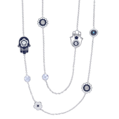 Lucky Hamsa Necklace by Lauren G Adams, blue enamel Hamsa and crystal beads on silver chain on Tampa Home & Garden Store