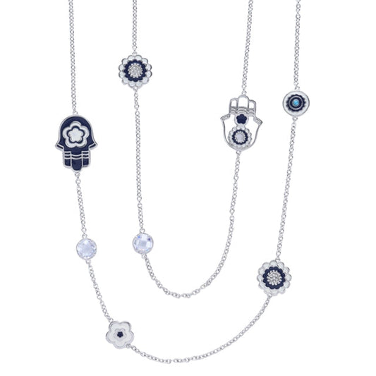 Lucky Hamsa Necklace by Lauren G Adams, blue enamel Hamsa and crystal beads on silver chain on Tampa Home & Garden Store