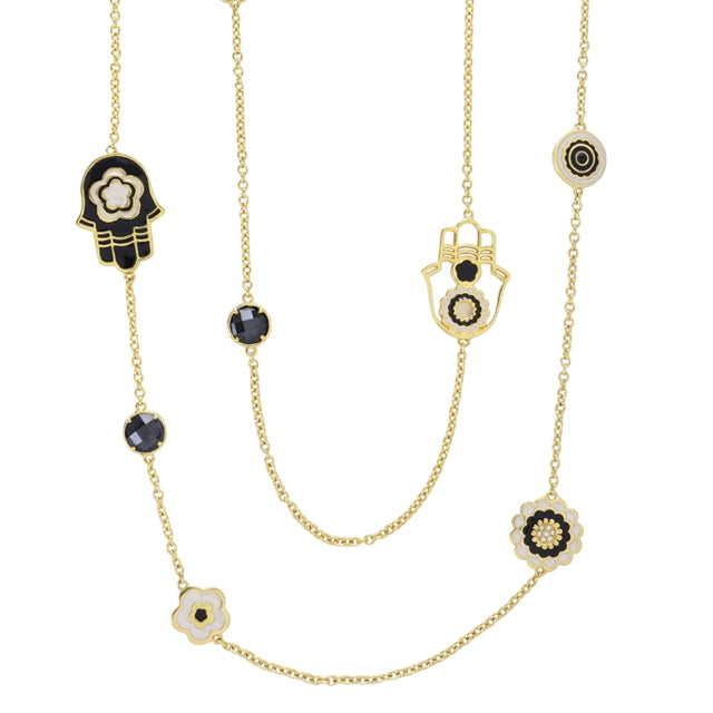 Lucky Hamsa Necklace, chain with black enamel Hamsa charm and floral charms, Lauren G Adams on Tampa Home & Garden Store