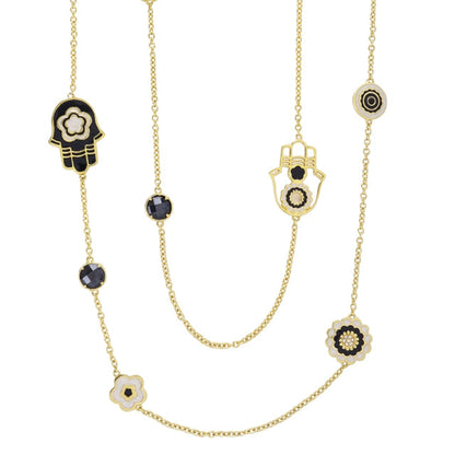 Lucky Hamsa Necklace, chain with black enamel Hamsa charm and floral charms, Lauren G Adams on Tampa Home & Garden Store