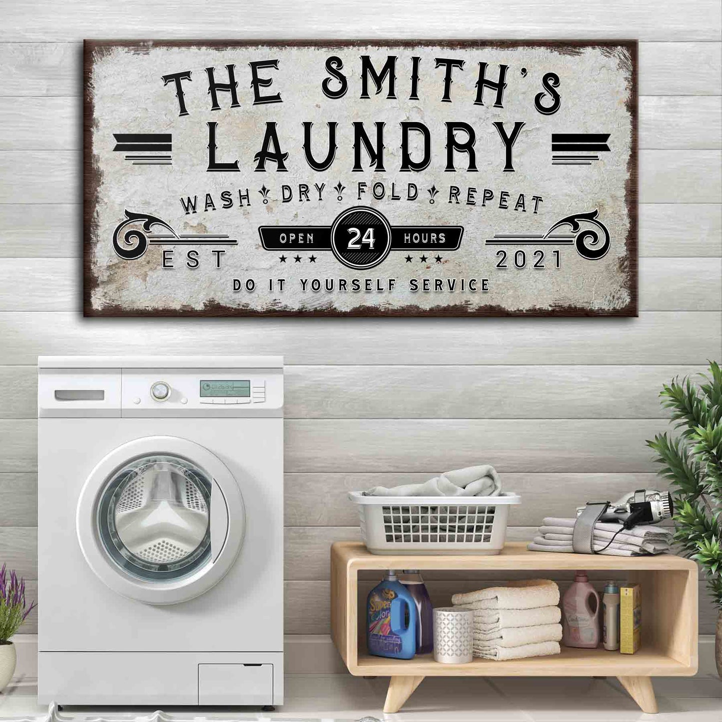 Personalized Laundry Room Sign Canvas, distressed white with The Smith's Laundry text on Tampa Home & Garden Store
