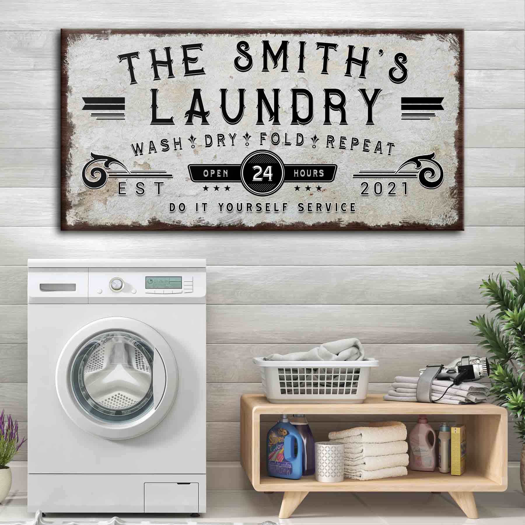 Personalized Laundry Room Sign Canvas, distressed white with The Smith's Laundry text on Tampa Home & Garden Store
