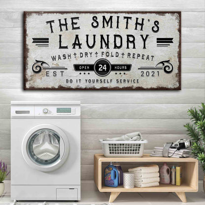 Personalized Laundry Room Sign Canvas, distressed white with The Smith's Laundry text on Tampa Home & Garden Store