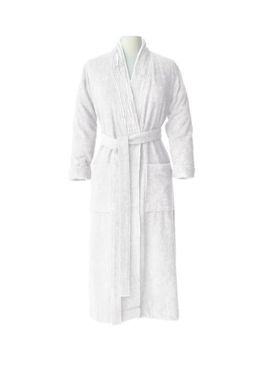 Pure Fiber Turkish cotton terry bathrobe with pleated front trim, white belted robe on Tampa Home & Garden Store