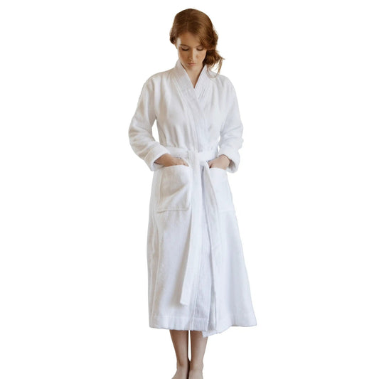 Bathrobe Pure Fiber Turkish Cotton Terry Cloth pleated design, white, belt included on Tampa Home & Garden Store