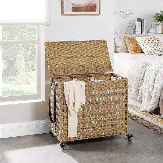 Tan PP Rattan 3-Basket Laundry Hamper Sorter Cart with Removable Cotton Bags - Tampa Home & Garden Store