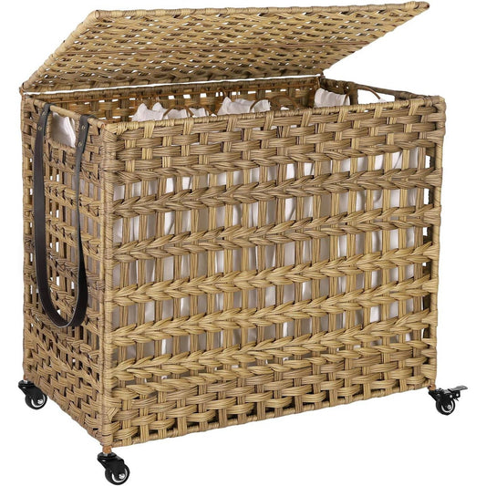 Tan PP Rattan 3-Basket Laundry Hamper Sorter Cart with Removable Cotton Bags - Tampa Home & Garden Store