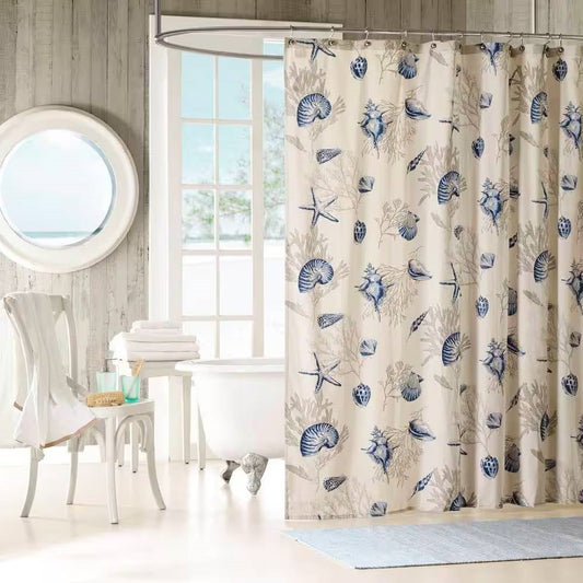 72-in Khaki Beige Cotton Shower Curtain Navy Blue Seashells Coral Coastal Beach - Tampa Home & Garden Store