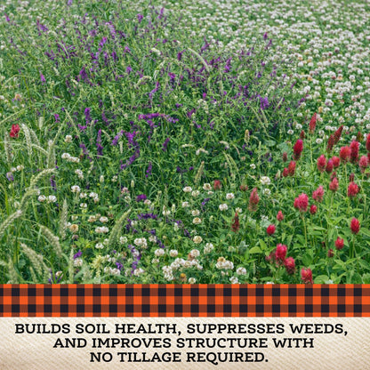 No Till Cover Crop Mix seeds by Tin Shed Seed Company in a field of purple white blossoms on Tampa Home & Garden Store