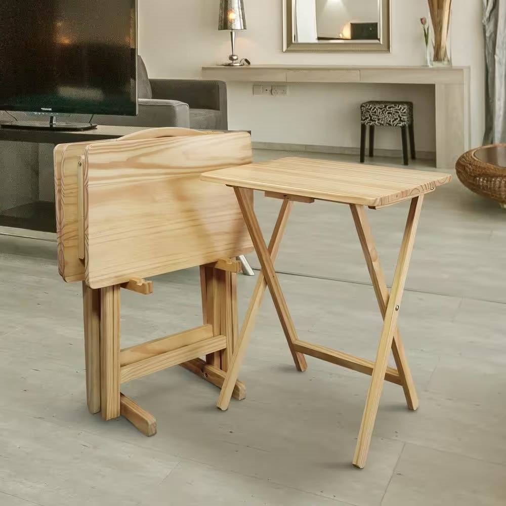 Juego de 4 - Juego de Mesas Bandeja de TV Plegables de Madera Maciza con Soporte en Acabado Natural