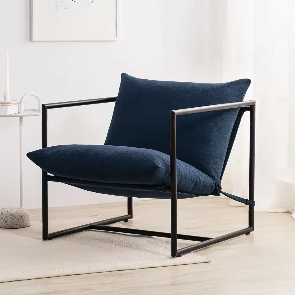 Sillón decorativo moderno de terciopelo azul marino con estructura metálica