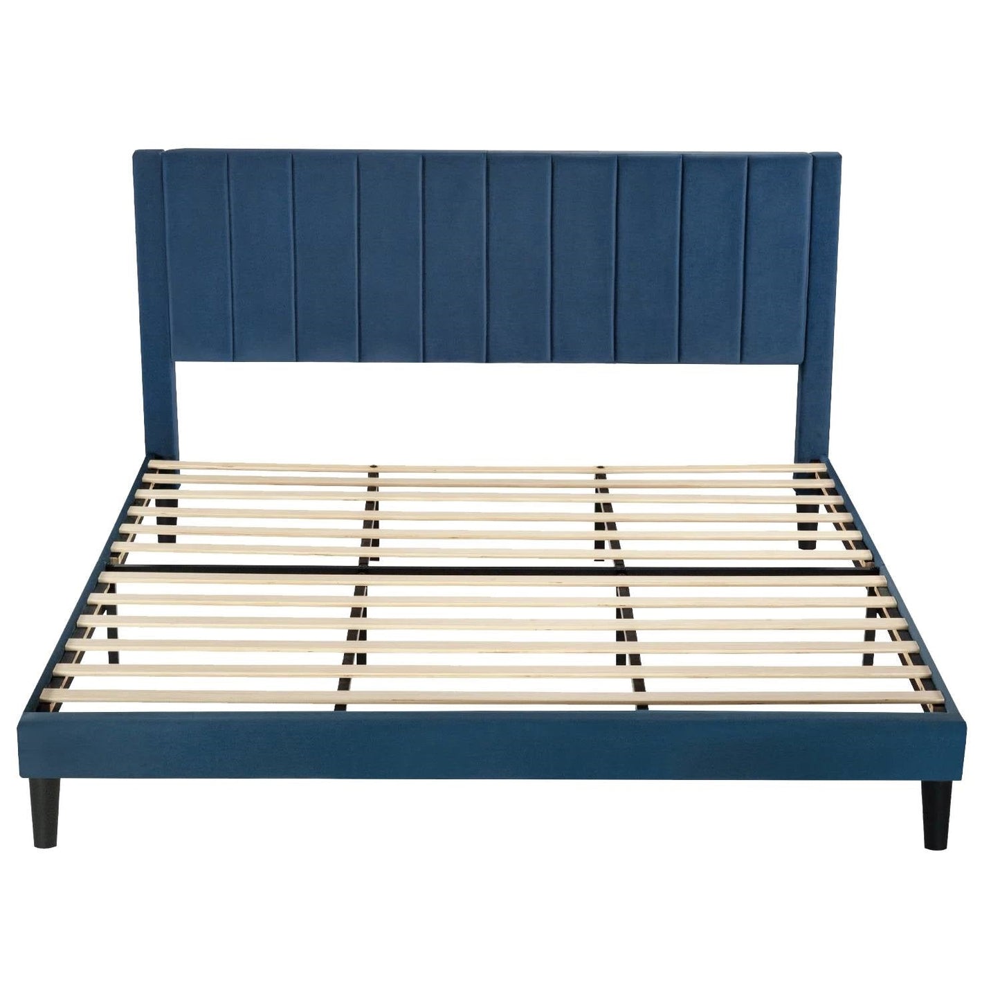 Cama de plataforma tapizada en terciopelo azul marino moderno King Size con cabecero