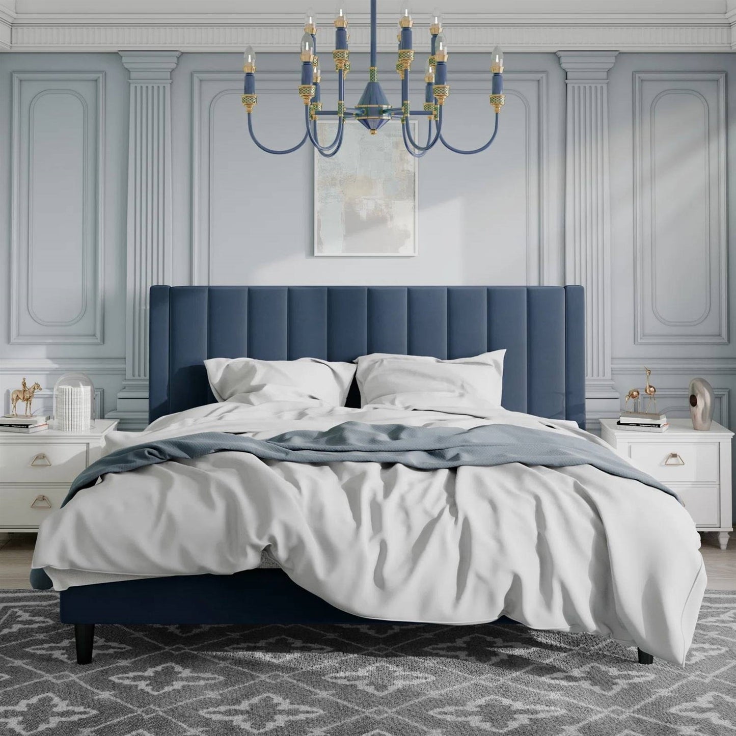 Cama de plataforma tapizada en terciopelo azul marino moderno King Size con cabecero