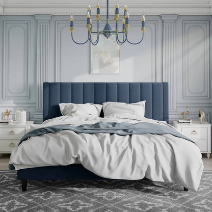 Cama de plataforma tapizada en terciopelo azul marino moderno King Size con cabecero