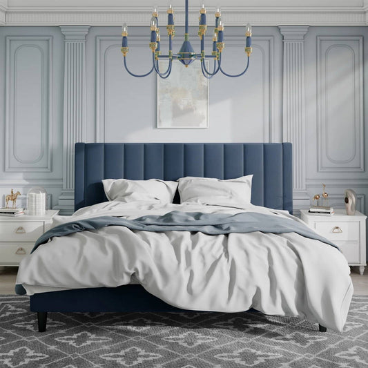 King size Modern Navy Blue Velvet Upholstered Platform Bed with Headboard - Tampa Home & Garden Store