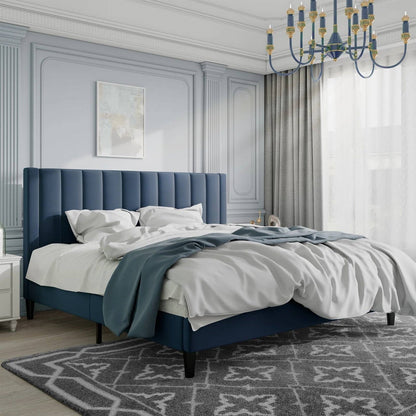 Cama de plataforma tapizada en terciopelo azul marino moderno King Size con cabecero