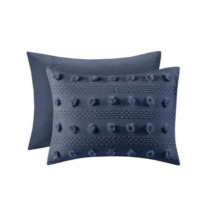 Juego de edredón hipoalergénico de microfibra con pompones azul marino de 2 piezas, Twin/Twin XL