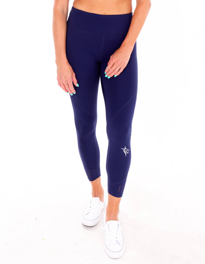 HydroFlex Cut Out Leggings navy blue, high-rise waistband, White Water Life logo at lower leg on Tampa Home & Garden Store