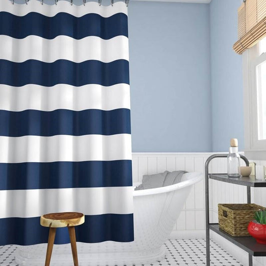 Cortina de ducha a rayas náuticas azul marino y blanco de poliéster de 72 x 70 pulgadas