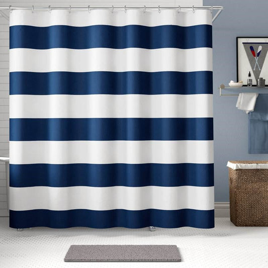 Cortina de ducha a rayas náuticas azul marino y blanco de poliéster de 72 x 70 pulgadas