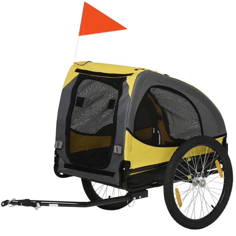 Dog bike trailer pet stroller yellow gray with mesh windows and orange flag Furr Baby Gifts on Tampa Home & Garden Store