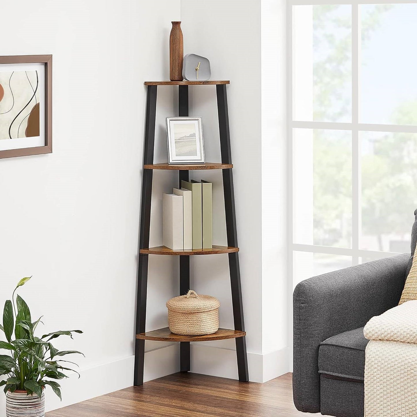 Narrow 3-Shelf Corner Shelving Unit Plant Stand Bookcase in Brown Black Wood - Tampa Home & Garden Store
