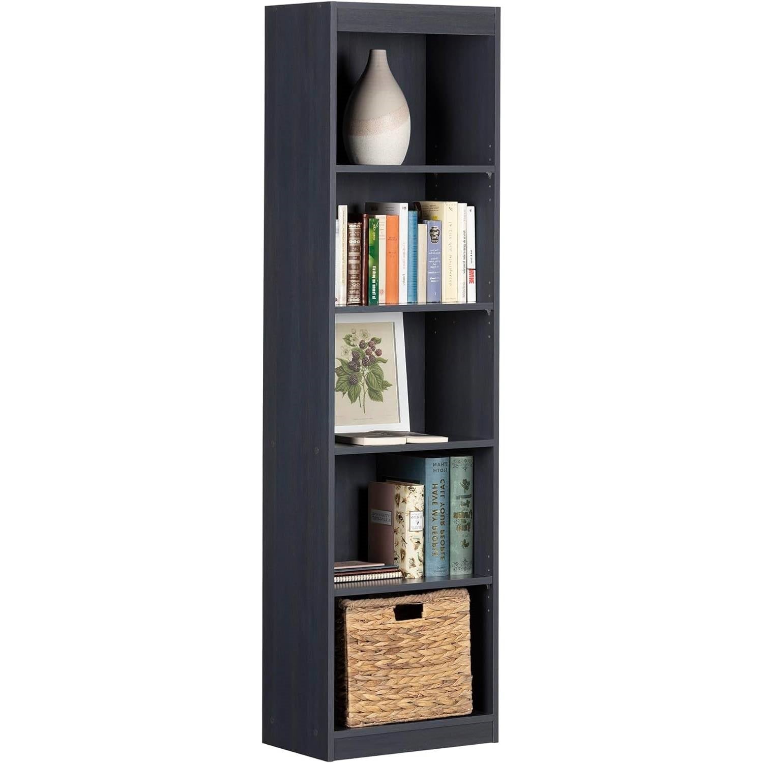 Narrow 5-Shelf Bookcase Slim Storage Shelving Unit Dark Blue Black Wood Finish - Tampa Home & Garden Store