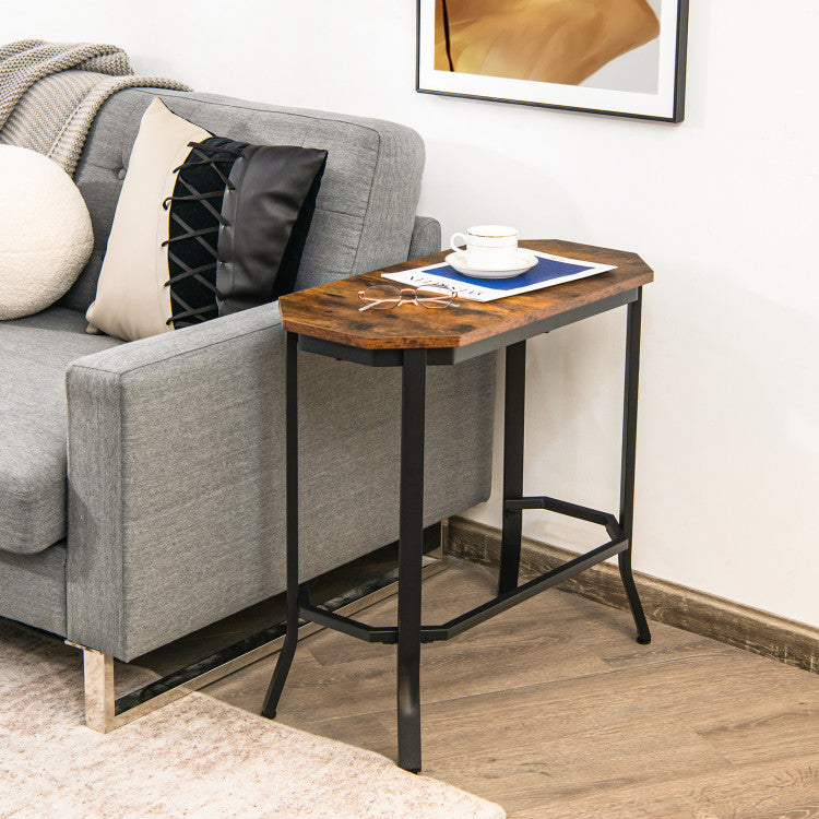 DirectDeals narrow end table with rustic wood grain top and black steel frame beside gray sofa on Tampa Home & Garden Store
