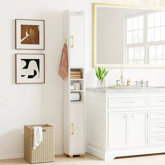 Narrow white bathroom storage cabinet with shelves & paper holder by DirectDeals on Tampa Home & Garden Store