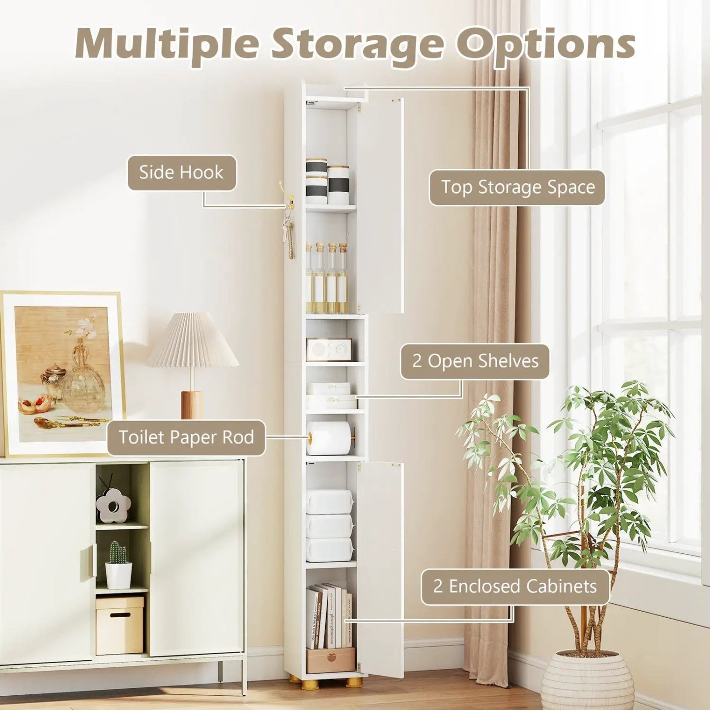 Slim Bath Storage Cabinet with Shelves and Holder