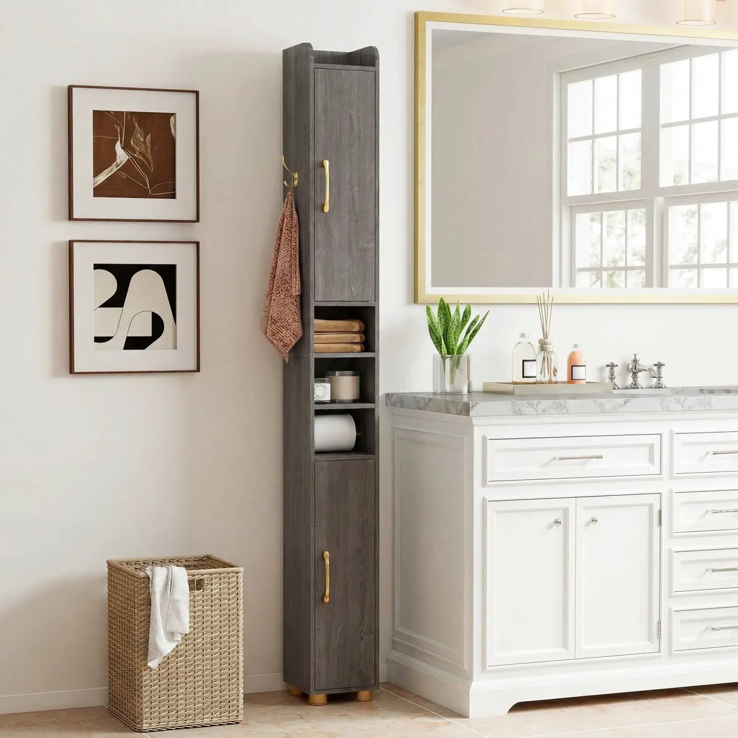 Slim Bath Storage Cabinet with Shelves and Holder