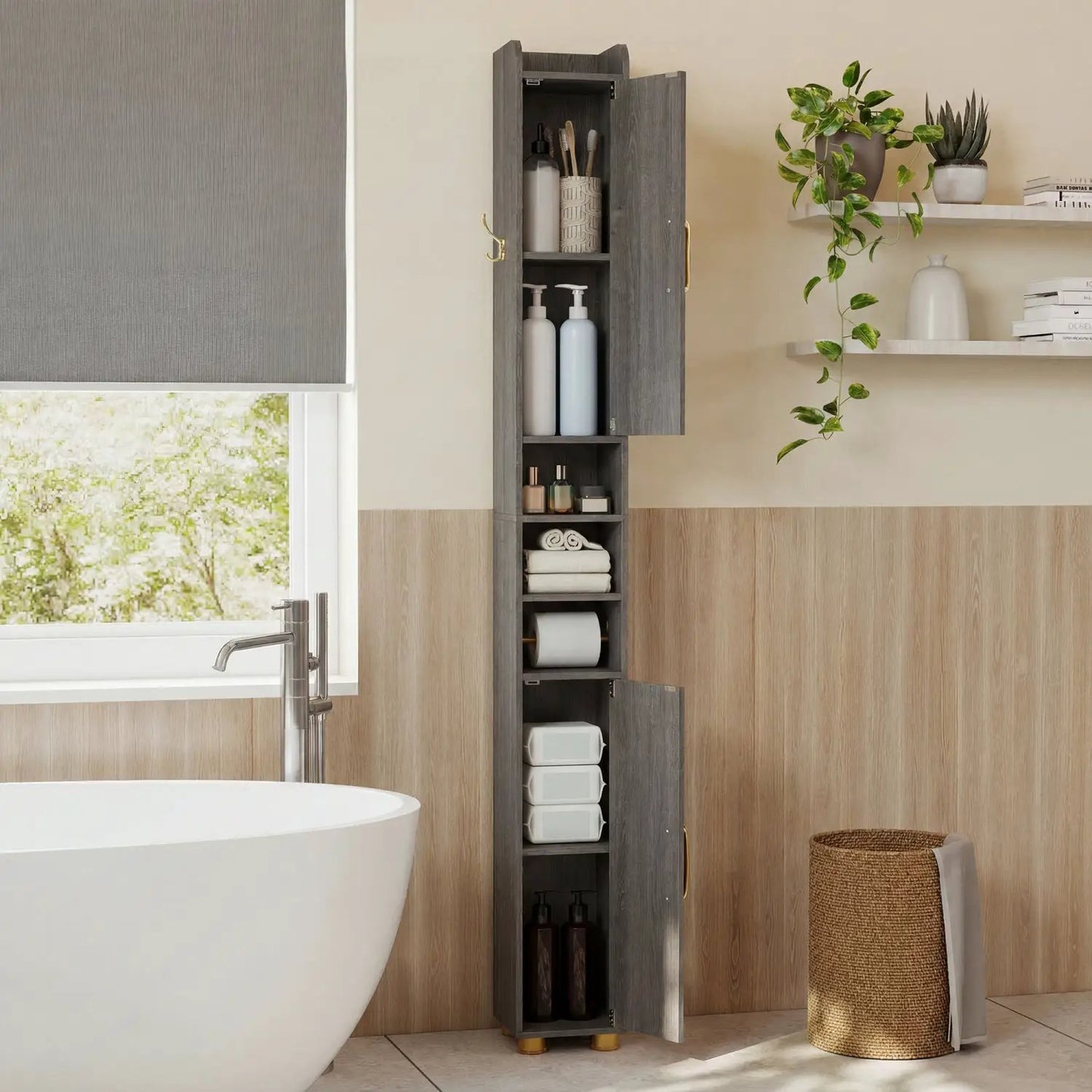 Slim Bath Storage Cabinet with Shelves and Holder