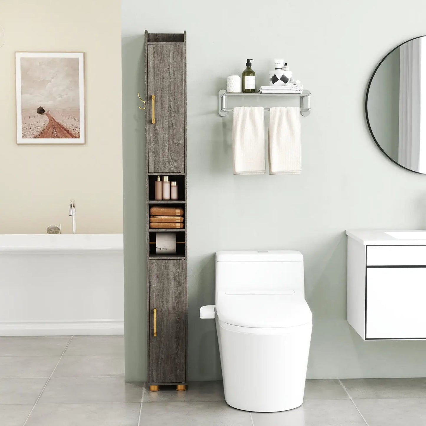 Slim Bath Storage Cabinet with Shelves and Holder