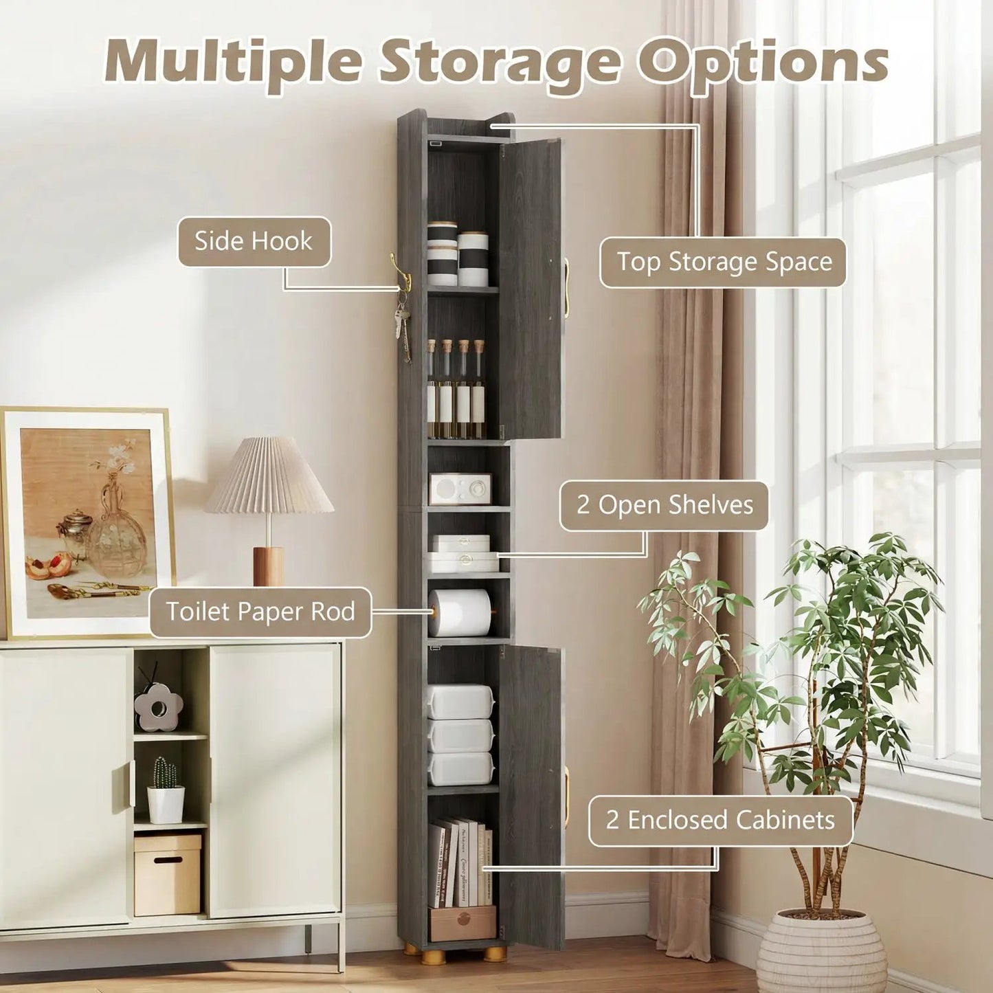 Slim Bath Storage Cabinet with Shelves and Holder