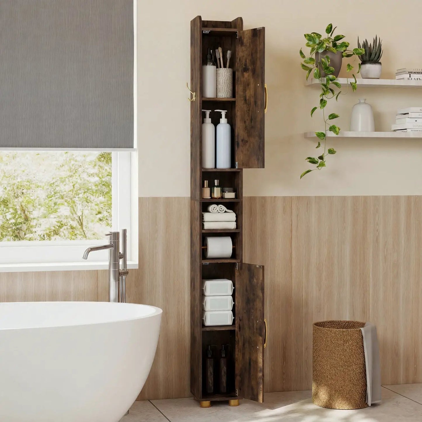 Slim Bath Storage Cabinet with Shelves and Holder