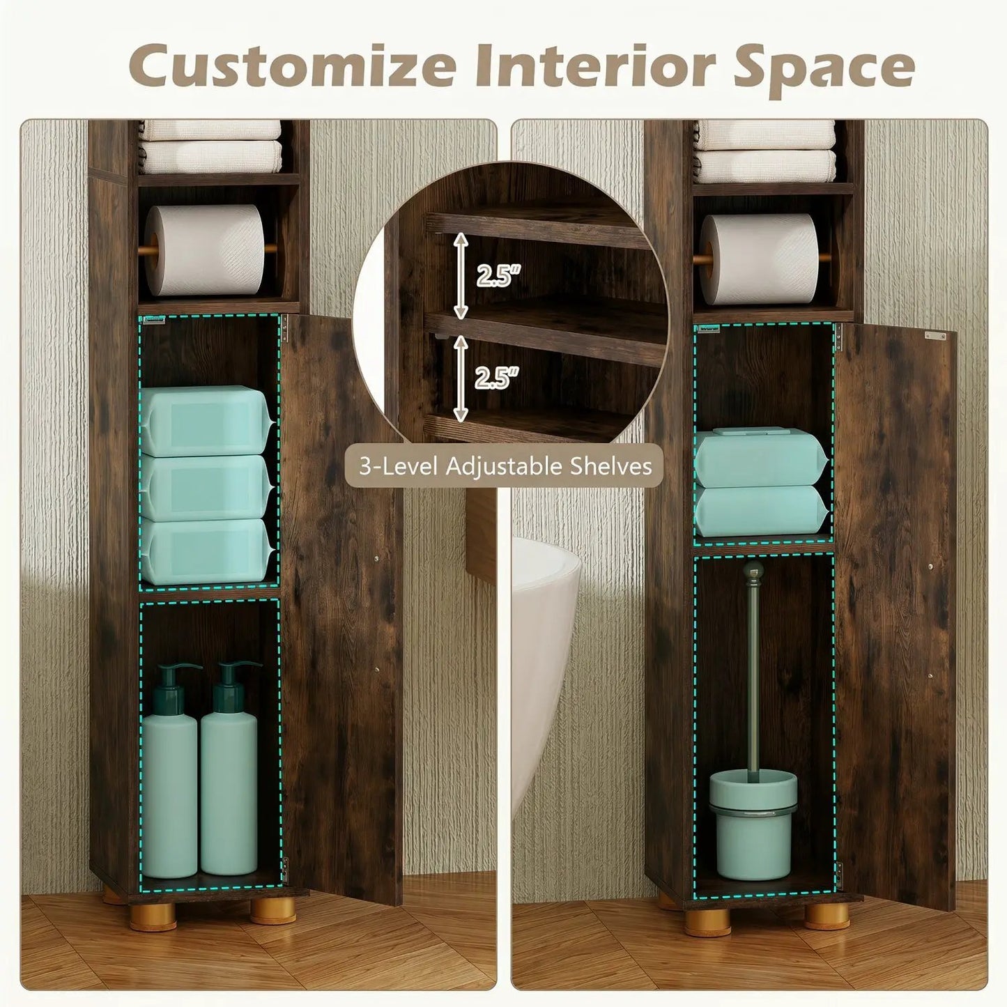Slim Bath Storage Cabinet with Shelves and Holder