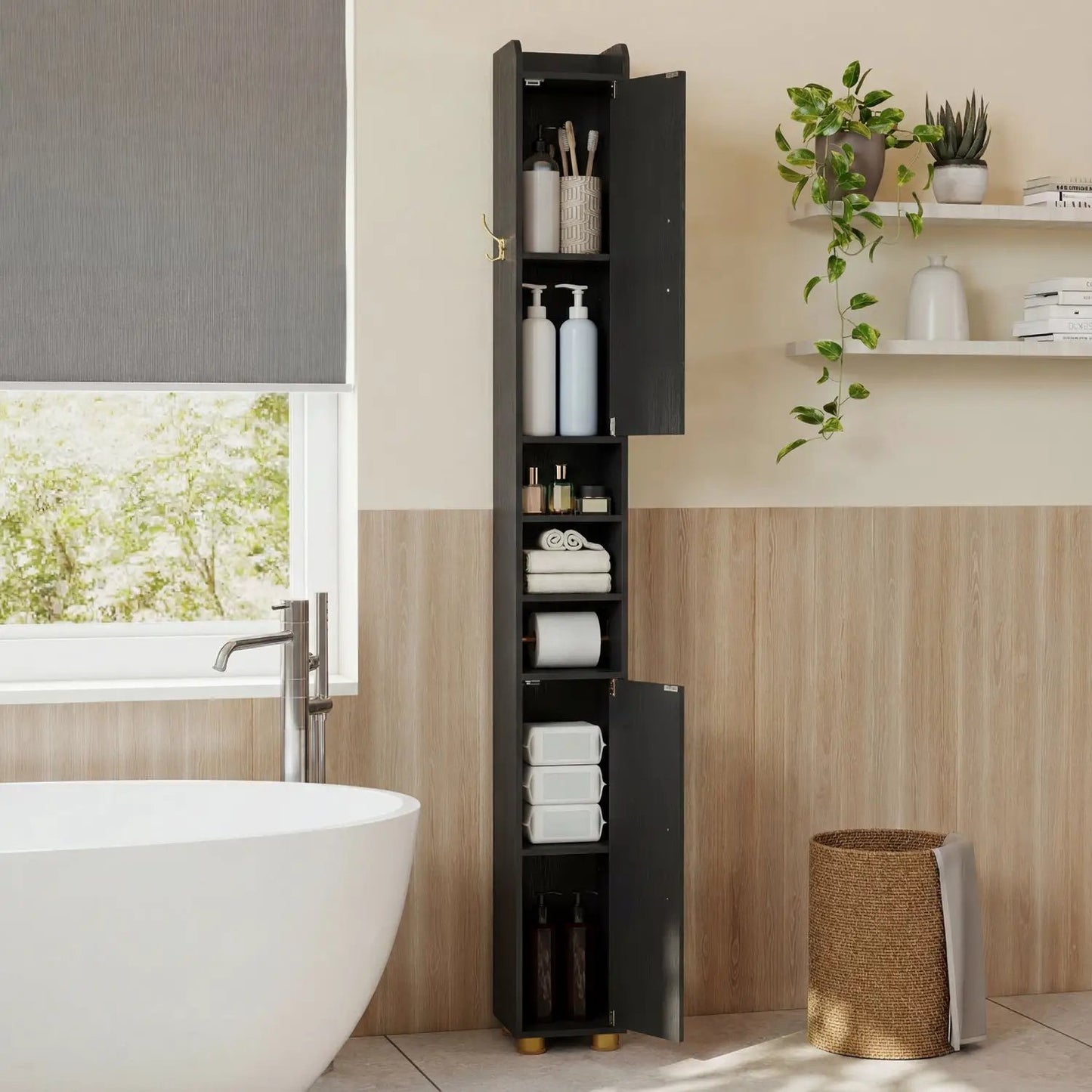 Slim Bath Storage Cabinet with Shelves and Holder