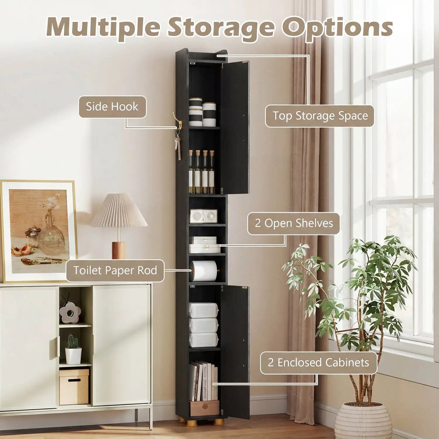 Slim Bath Storage Cabinet with Shelves and Holder