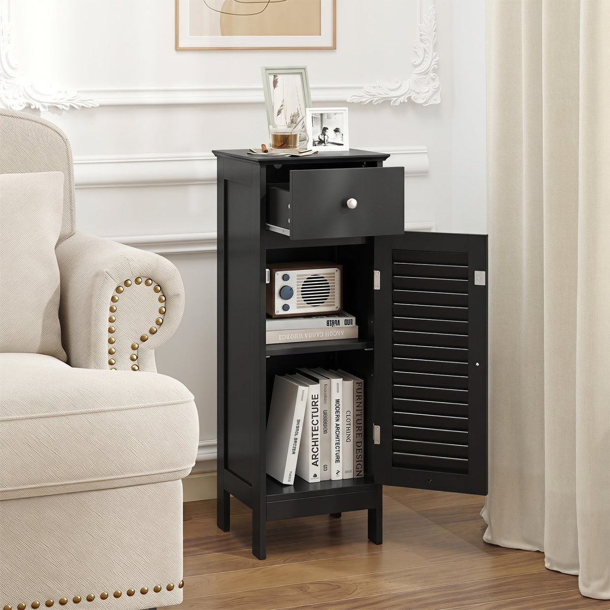 DirectDeals narrow black bathroom cabinet with adjustable shelf and drawer; slatted-door on Tampa Home & Garden Store