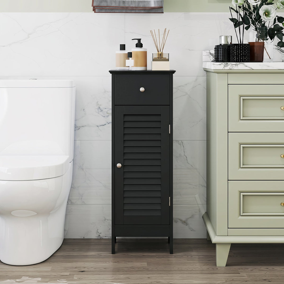 Narrow DirectDeals bathroom cabinet in black with drawer and door adjustable shelf inside on Tampa Home & Garden Store