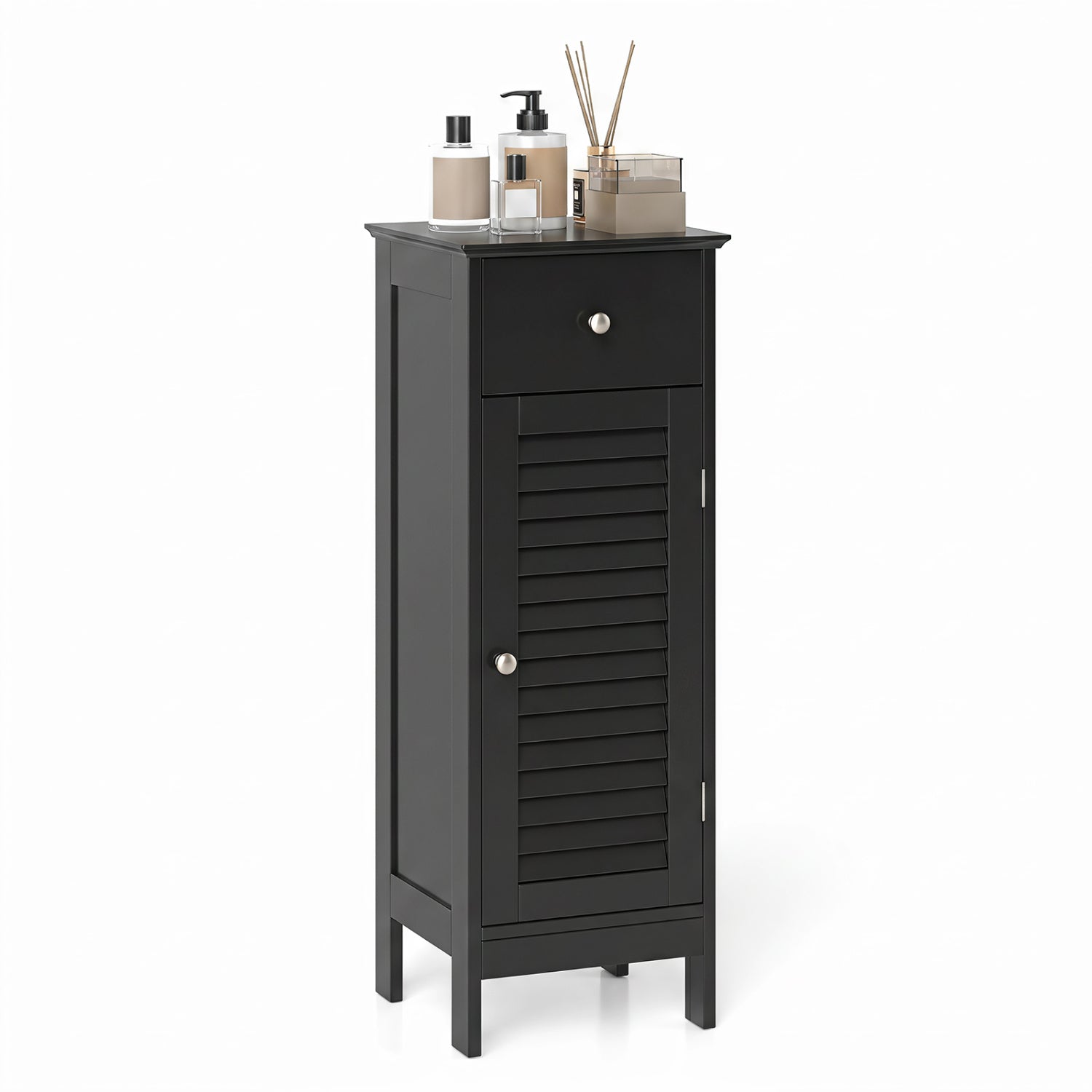 DirectDeals narrow black bathroom cabinet with top drawer and louvered door, adjustable shelf on Tampa Home & Garden Store