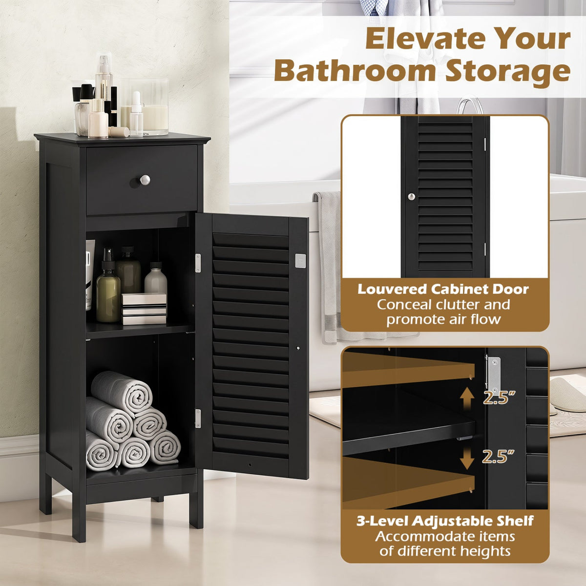 Narrow Bathroom Storage Cabinet DirectDeals black louvered doors adjustable shelf on Tampa Home & Garden Store