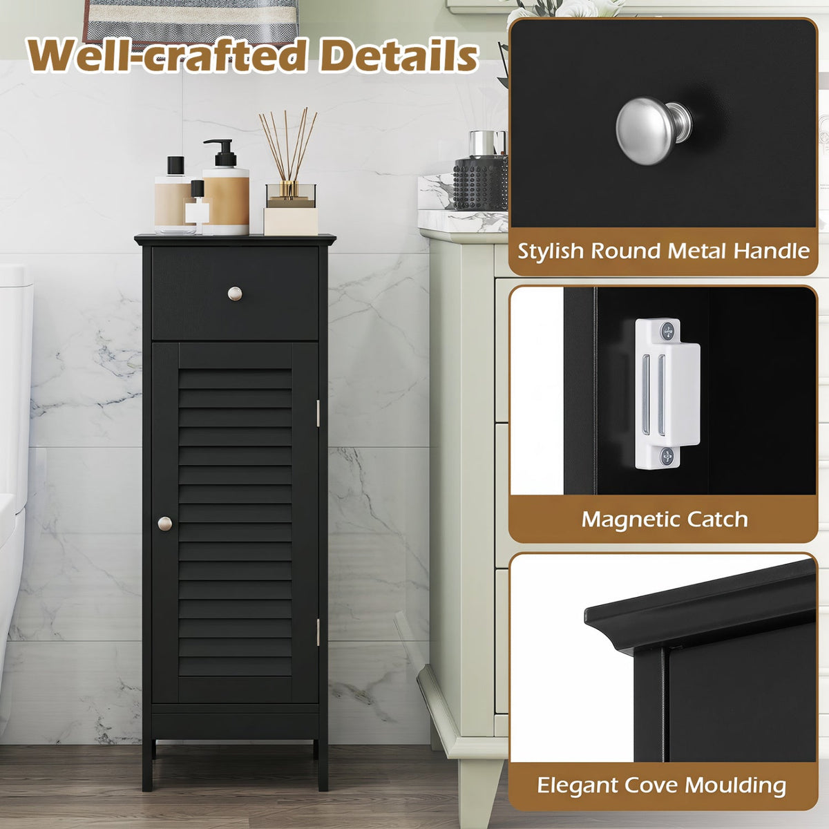 Narrow bathroom storage cabinet with adjustable shelf and drawer in black by DirectDeals on Tampa Home & Garden Store