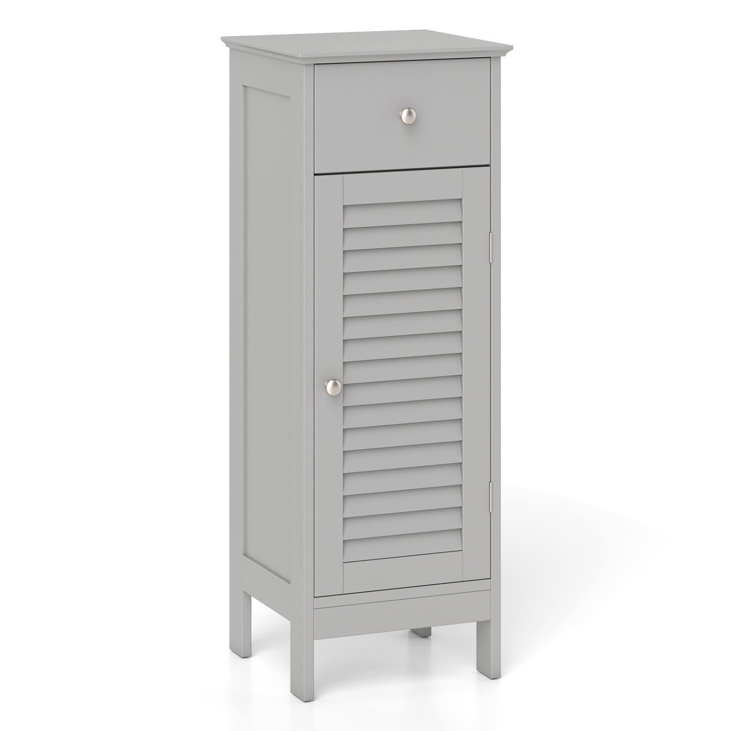 Narrow gray bathroom cabinet with top drawer, adjustable shelf, and slatted louvered door on Tampa Home & Garden Store