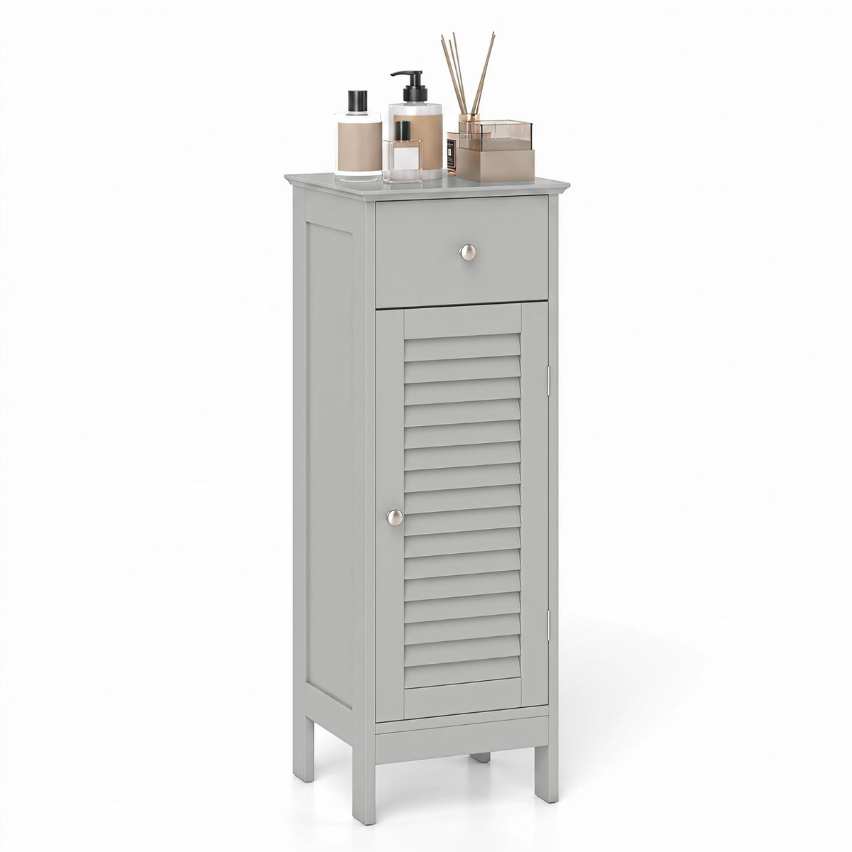 Narrow Bathroom Storage Cabinet with Adjustable Shelf & Drawer, gray cabinet with a louvered door on Tampa Home & Garden Store