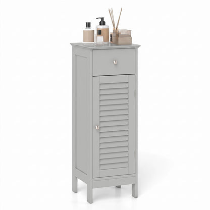 Narrow Bathroom Storage Cabinet with Adjustable Shelf & Drawer, gray cabinet with a louvered door on Tampa Home & Garden Store