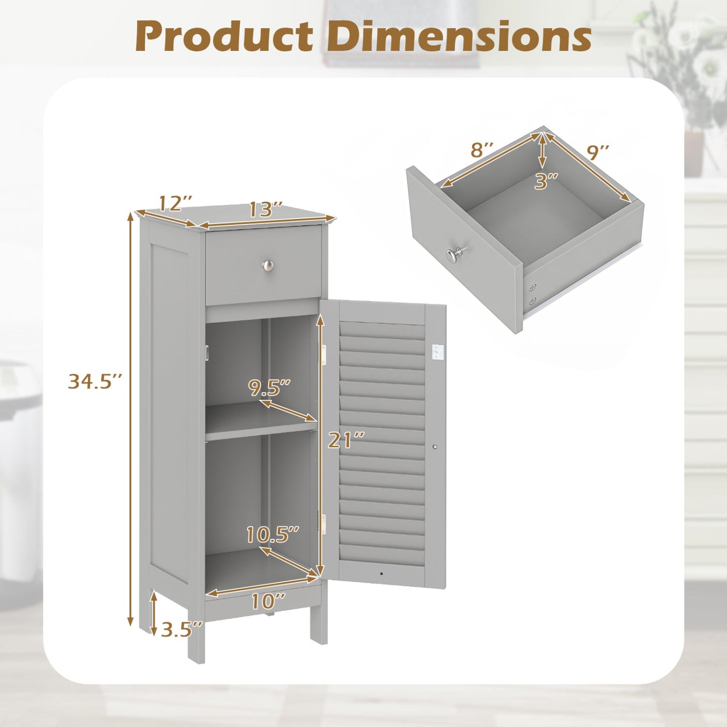 Narrow gray bathroom cabinet with drawer and adjustable shelf on Tampa Home & Garden Store