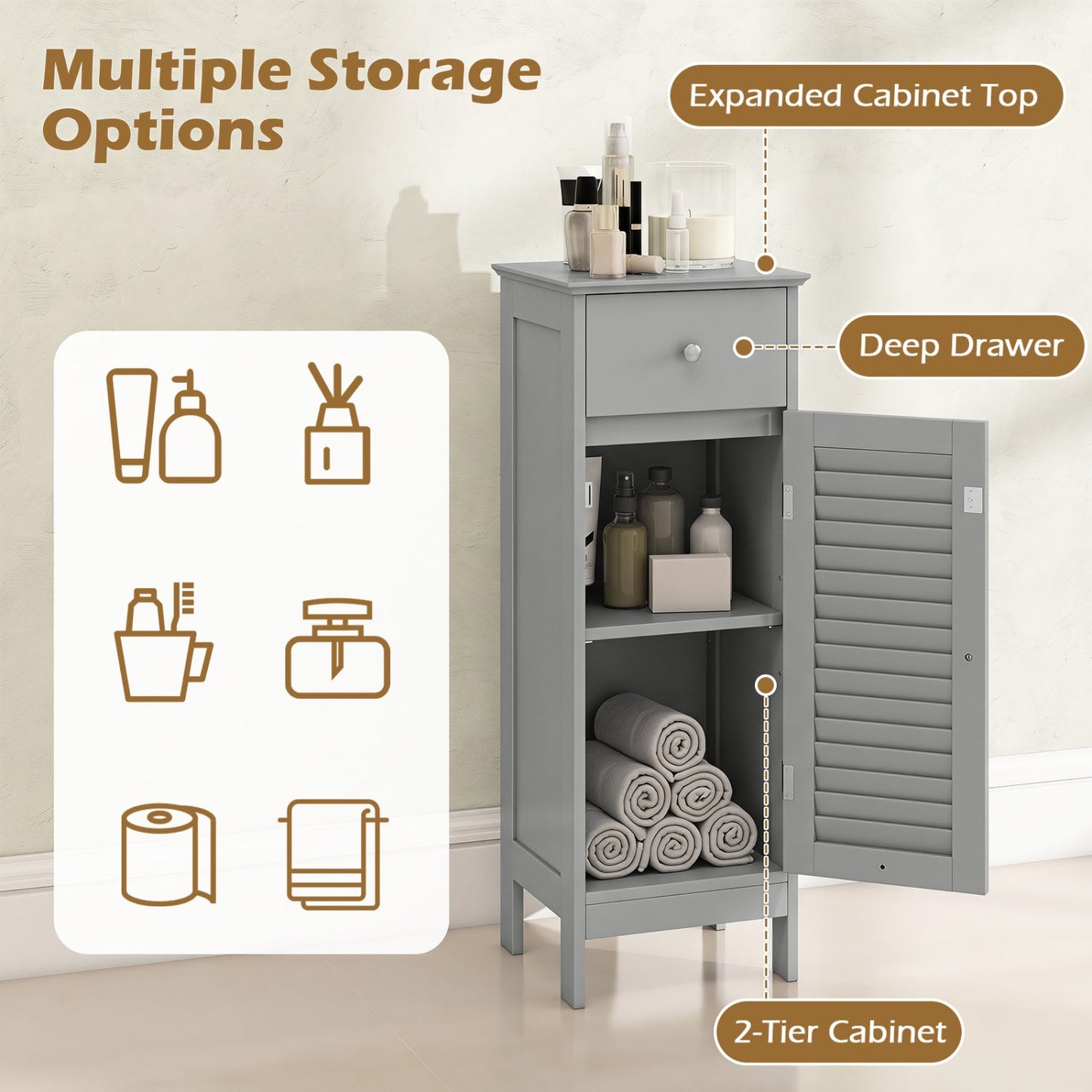 Narrow bathroom storage cabinet in gray with adjustable shelf and deep drawer DirectDeals on Tampa Home & Garden Store