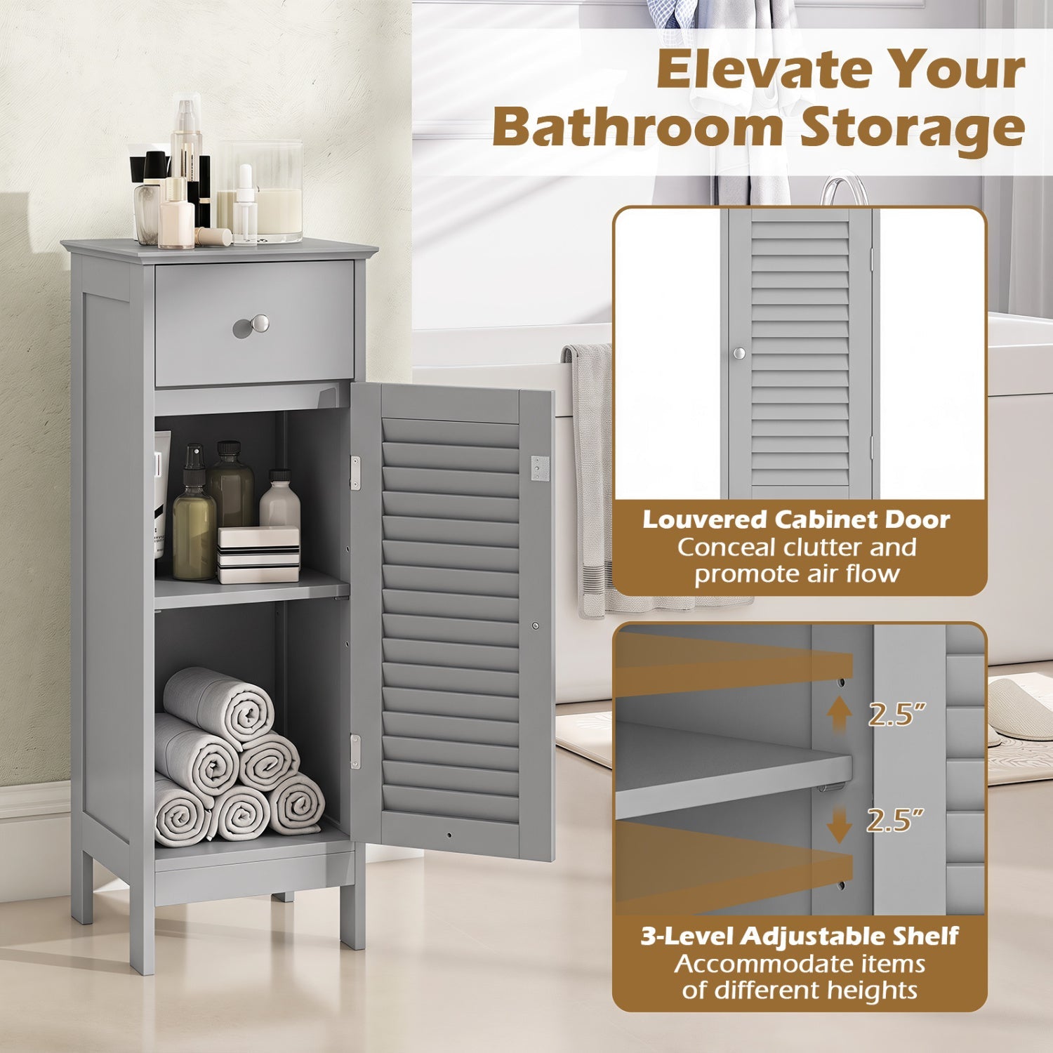 Narrow bathroom cabinet DirectDeals gray with top drawer, adjustable shelf and louvered door on Tampa Home & Garden Store