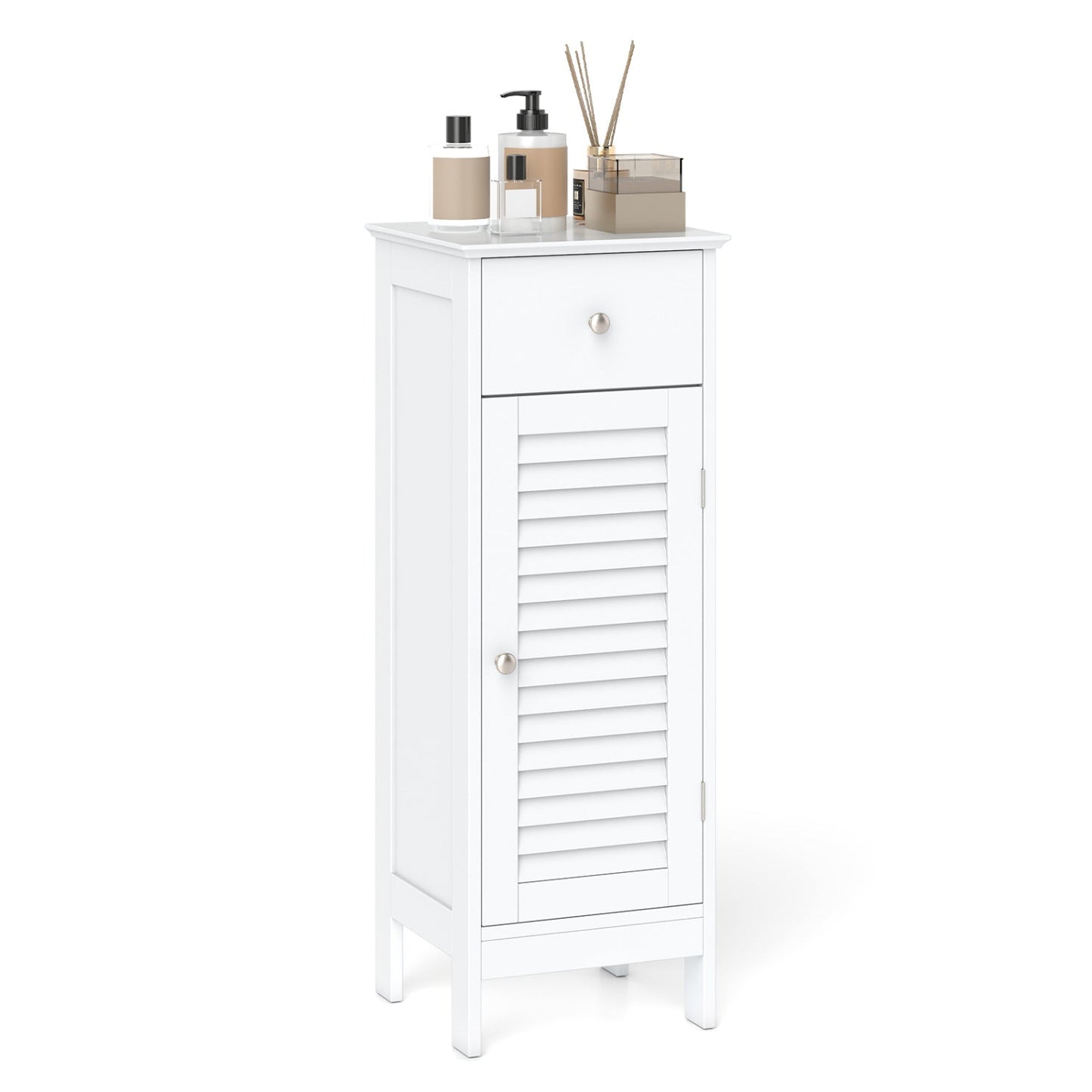 Narrow bathroom storage cabinet with top drawer and louvered door, white finish and metal knob on Tampa Home & Garden Store